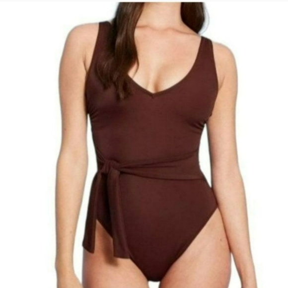 Shade And Shore Plunge Tie-Front Wrap One Piece Brown Swimsuit Size 12/14 New - Picture 2 of 7